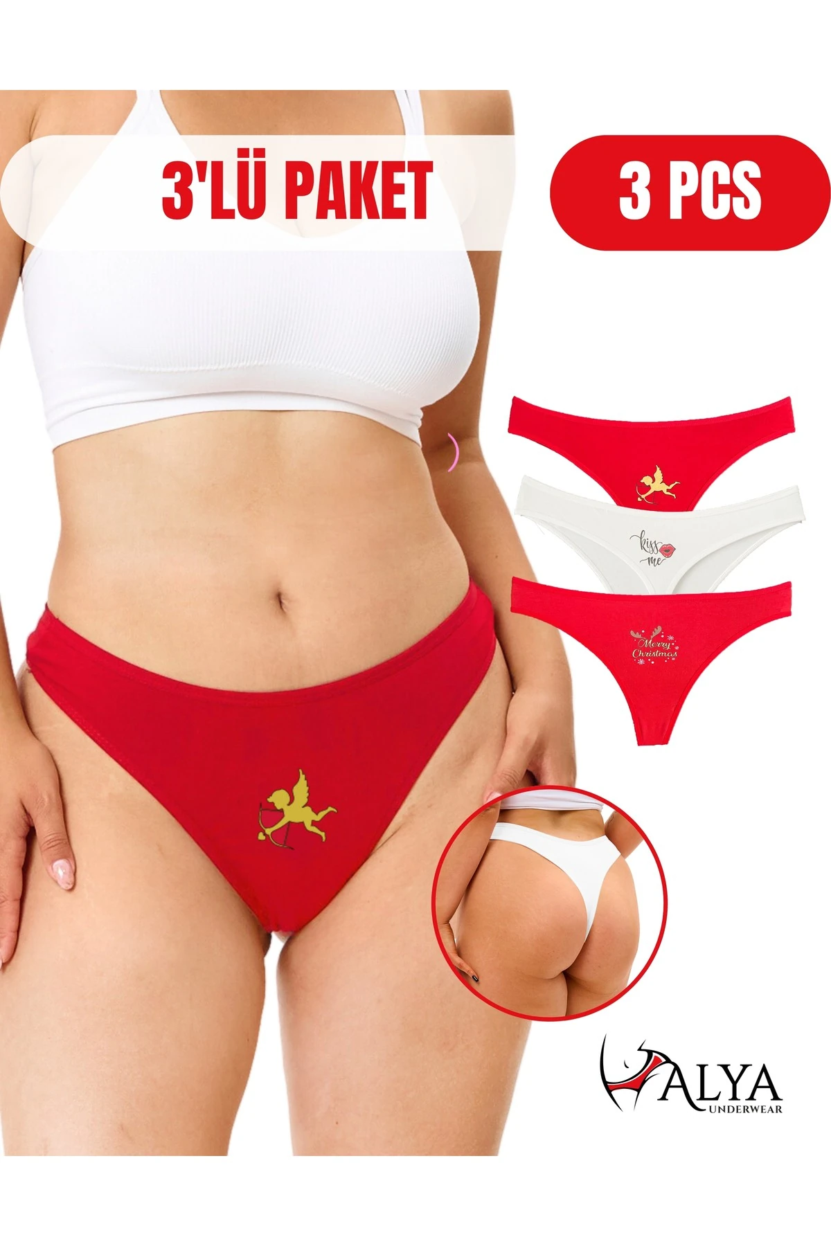 ALYA UNDERWEAR Kadın Pamuklu Tanga Külot - String Iç Çamaşırı Lacivert, Kırmızı, Ekru - 3 Adet