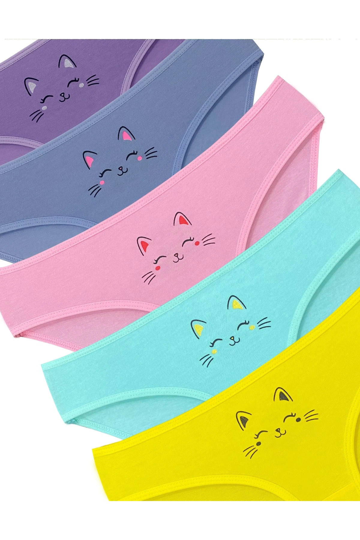 ALYA UNDERWEAR Kedi Baskılı Pamuklu Kız Çocuk Külot, Renkli Slip Külot