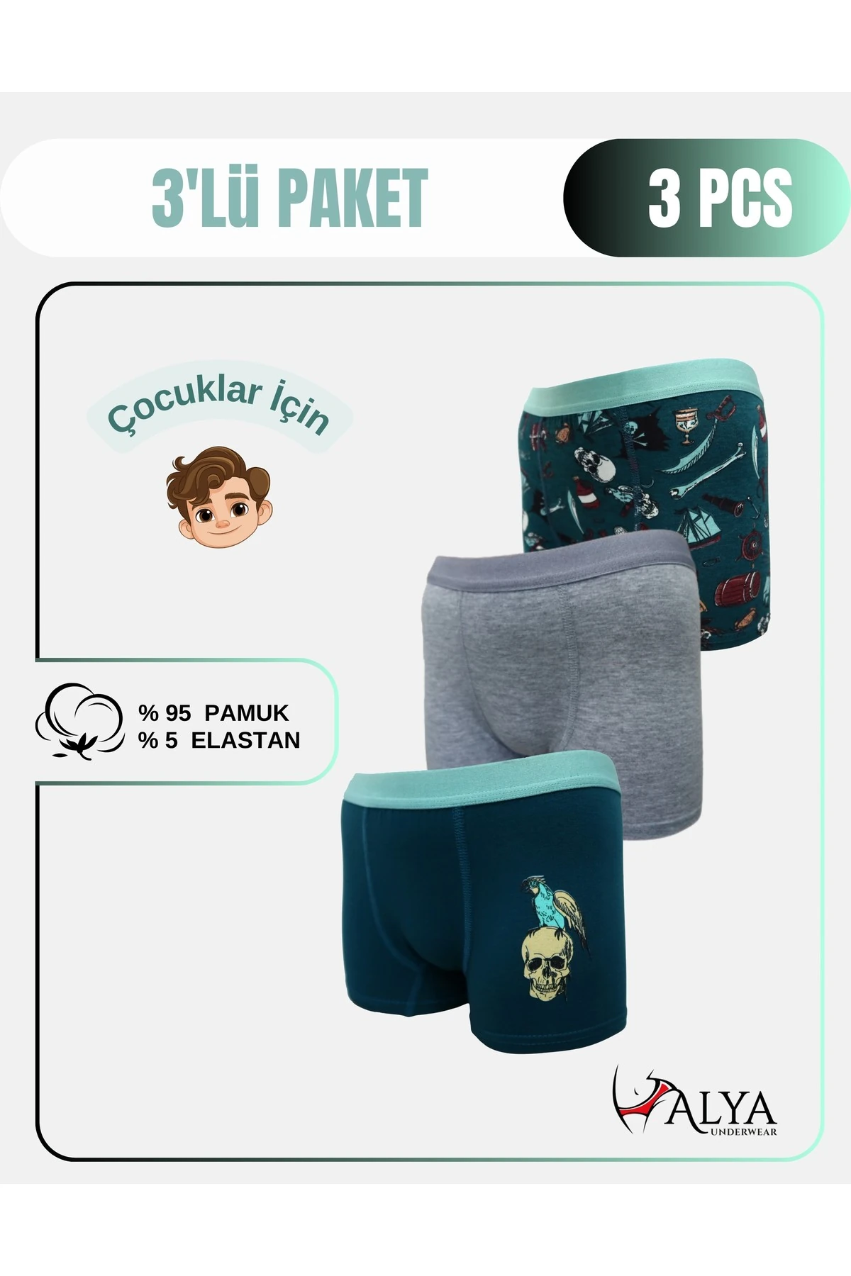ALYA UNDERWEAR Erkek Çocuk Boxer Short 4'lü Paket Siyah - Gri Melanj - Lacivert - Yeşil