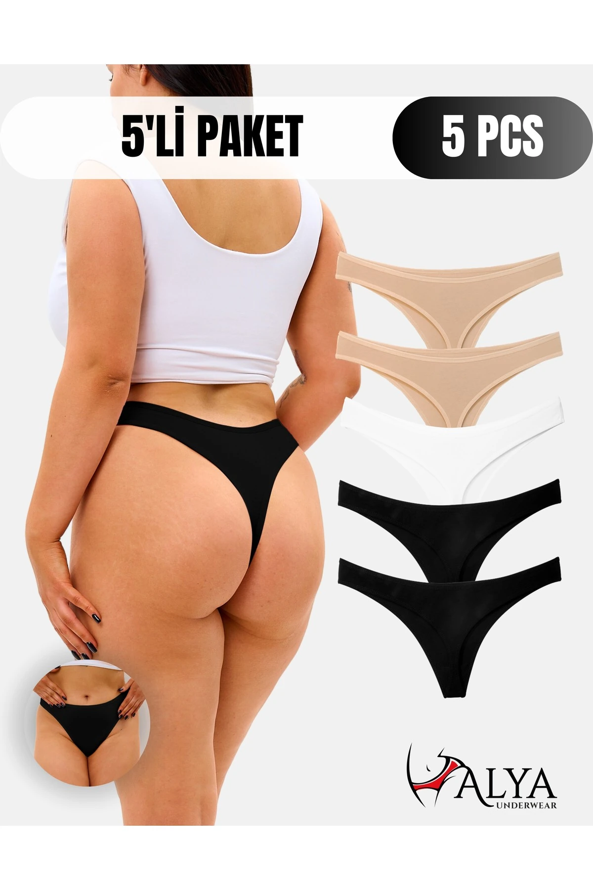 ALYA UNDERWEAR Kadın Pamuklu Tanga Külot - 2 Siyah, 1 Beyaz, 2 Ten (S, M, L, XL, 2XL) - 5 Adet