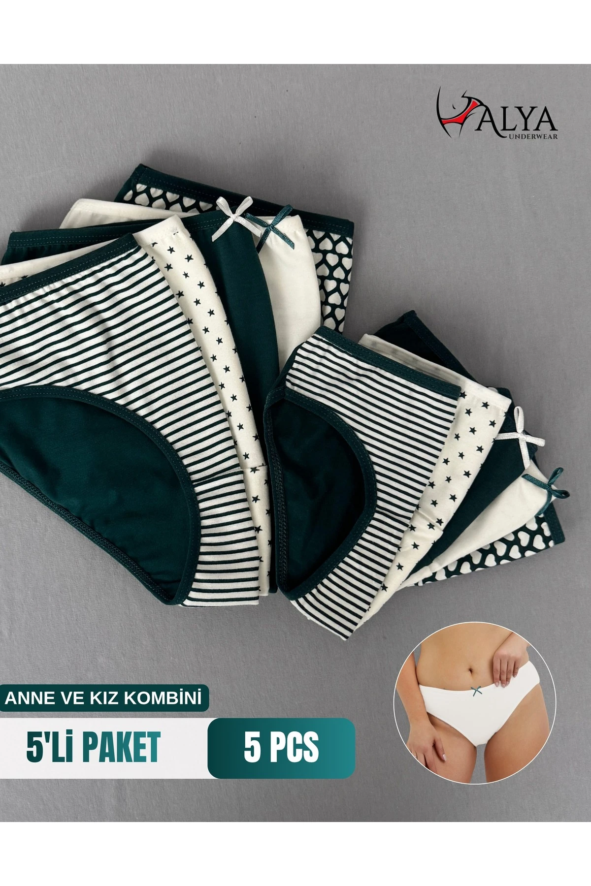 ALYA UNDERWEAR Anne Kız Kombin Pamuklu Külot - Beyaz Slip İç Çamaşırı - 5'li Paket