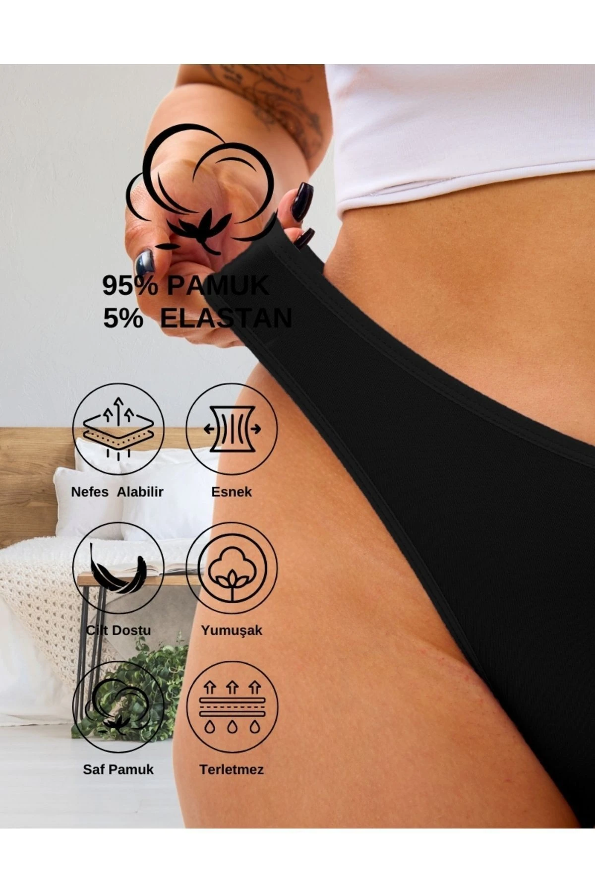 ALYA UNDERWEAR Kadın Pamuklu Tanga Külot - 2 Siyah, 1 Beyaz, 2 Ten (S, M, L, XL, 2XL) - 5 Adet