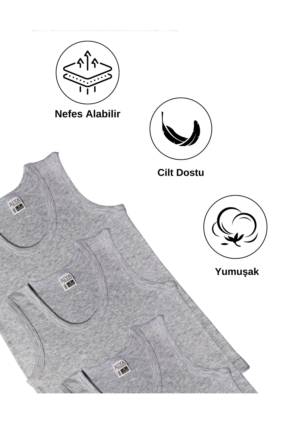 ALYA UNDERWEAR Erkek Çocuk Pamuk Ribana Atlet Oval Yaka 3'lü Paket - 3 Adet Beyaz