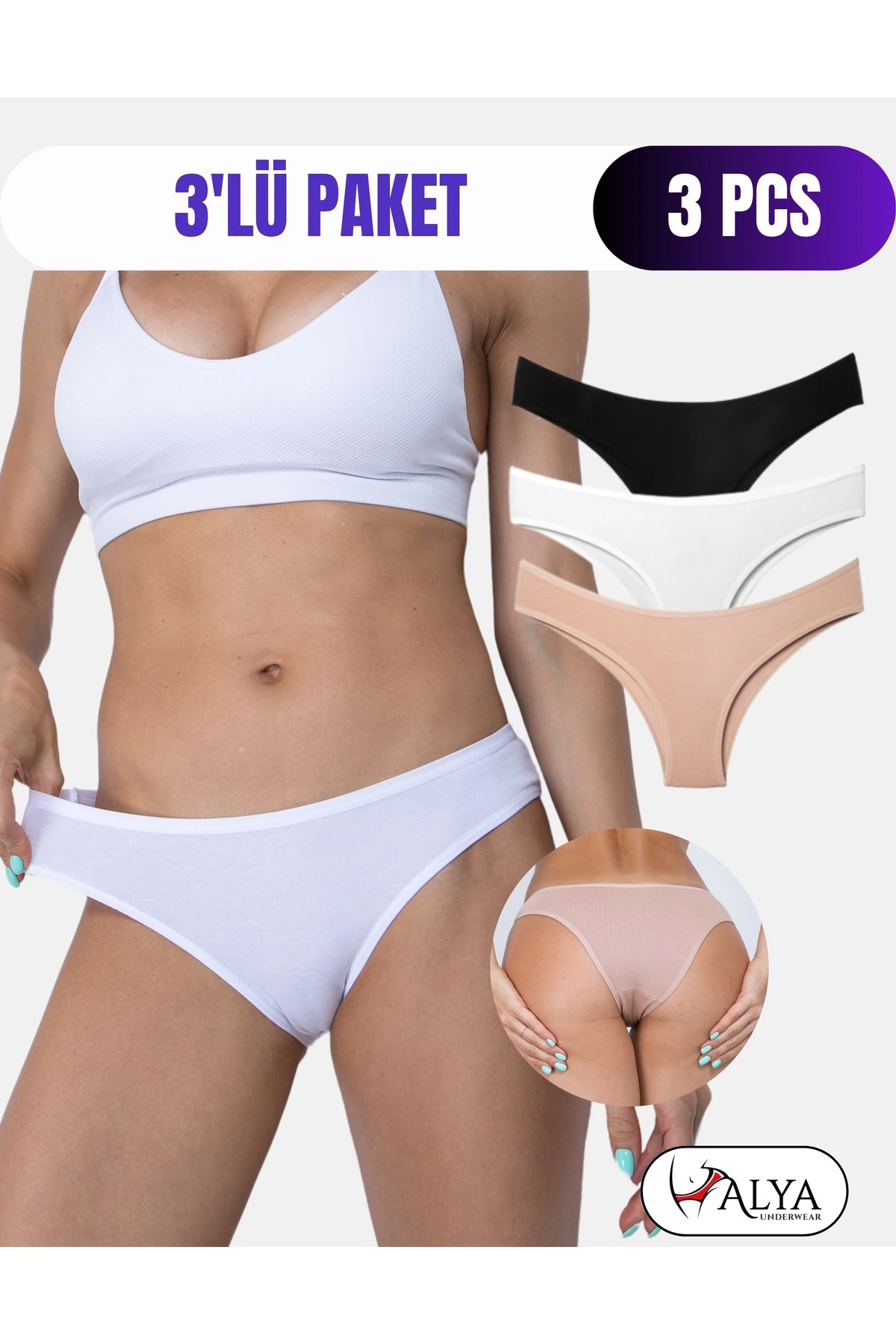 ALYA UNDERWEAR Kadın Brazilian Külot 3 Adet (BEYAZ)