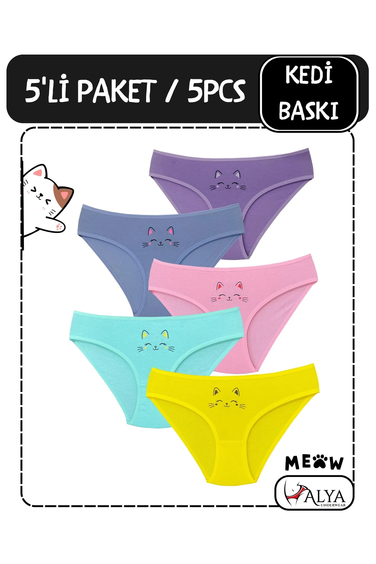 ALYA UNDERWEAR Kedi Baskılı Pamuklu Kız Çocuk Külot, Renkli Slip Külot