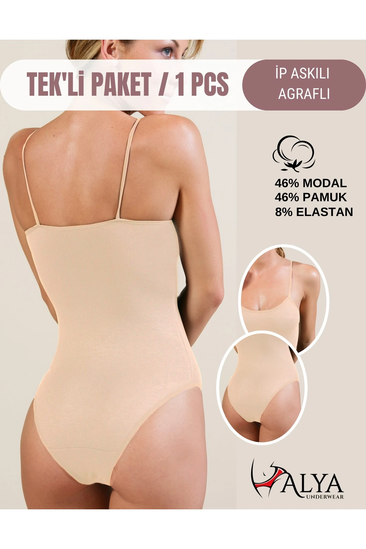 ALYA UNDERWEAR Kadın Ip Askılı Çıtçıtlı Body, Modal - Pamuk Karışımlı, ( Kancalı ), Tekli Paket, Beyaz