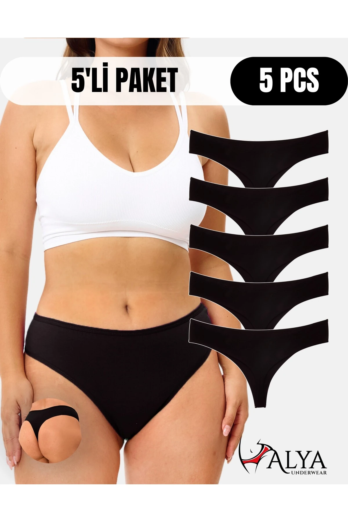 ALYA UNDERWEAR Kadın Bato Tanga Pamuklu Külot, Büyük Beden String, 5'li Paket- 2 Siyah, 1 Beyaz, 2 Ten