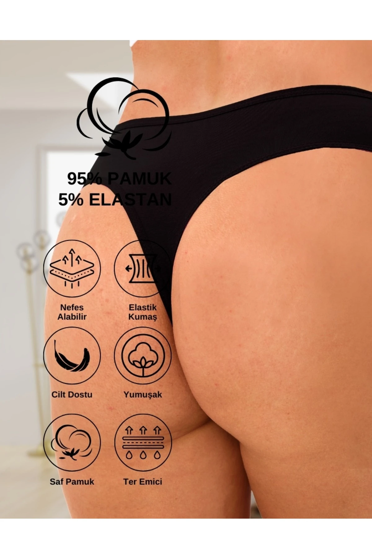 ALYA UNDERWEAR Kadın Bato Tanga Pamuklu Külot, Büyük Beden String, 5'li Paket- 2 Siyah, 1 Beyaz, 2 Ten