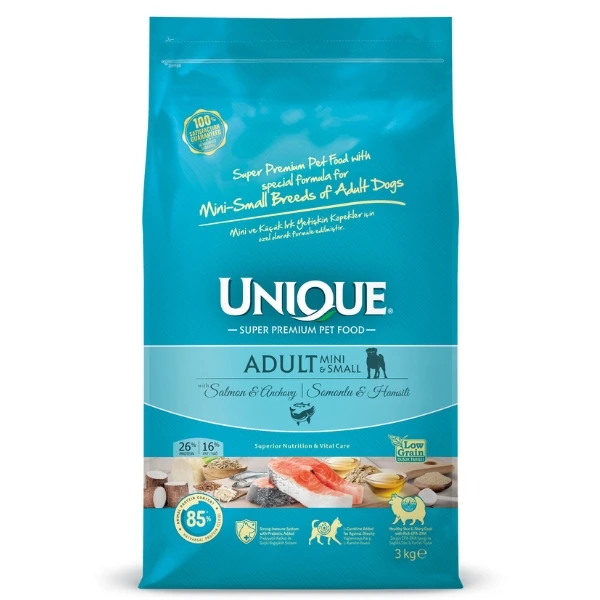 Unique Somonlu ve Hamsili Küçük Irk Düşük Tahıllı Yetişkin Köpek Maması - 3 Kg