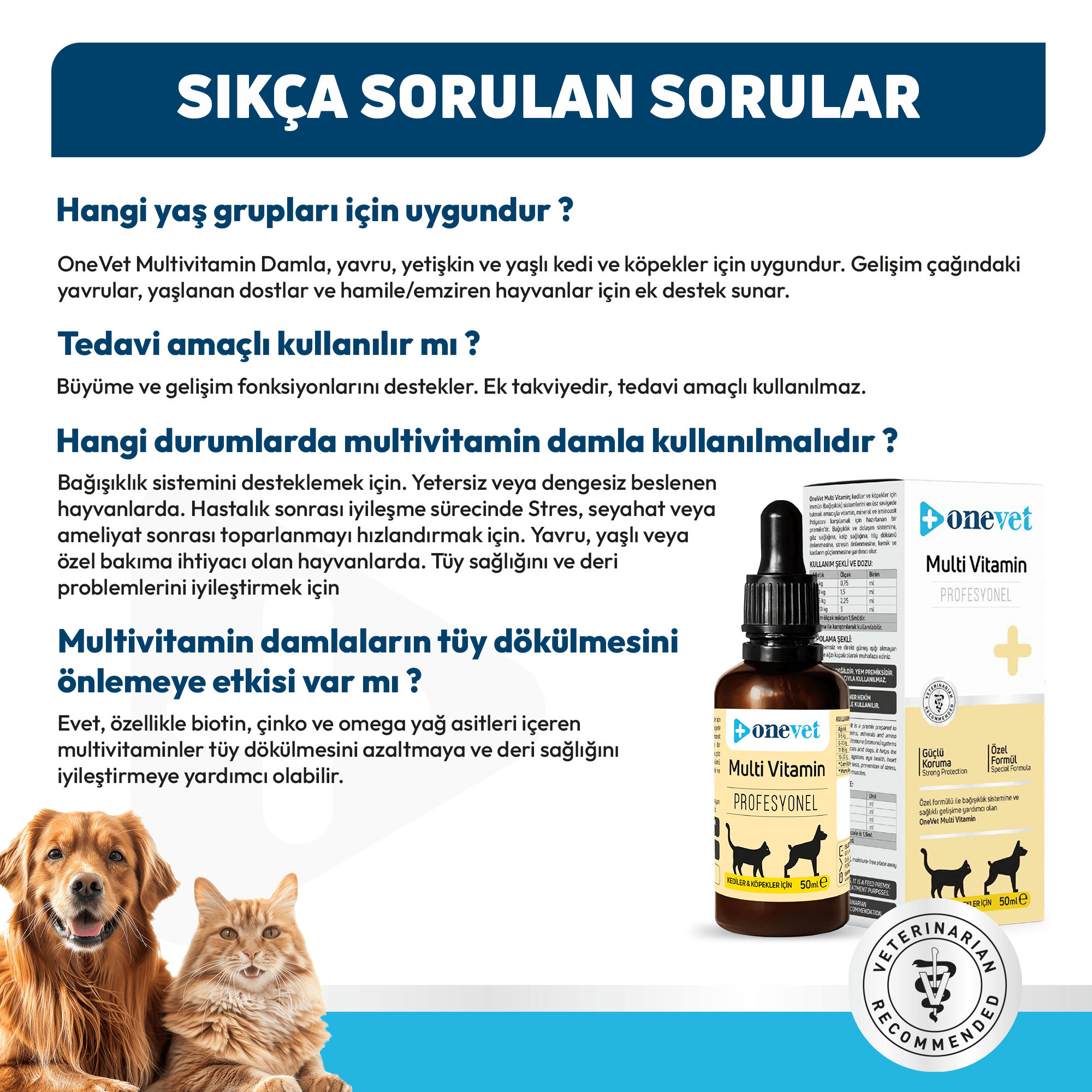 OneVet Multi Vitamin Kedi ve Köpekler İçin Gelişim ve Bağışıklık Destekleyici Takviye