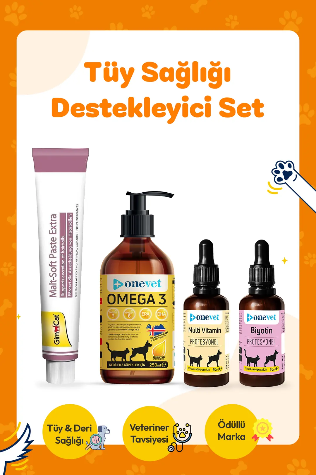 Gimcat Malt Soft Extra 100 Gr + OneVet Multivitamin Paste 100 Gr + OneVet Biotin 50 Ml + OneVet Omega 3 250 Ml
