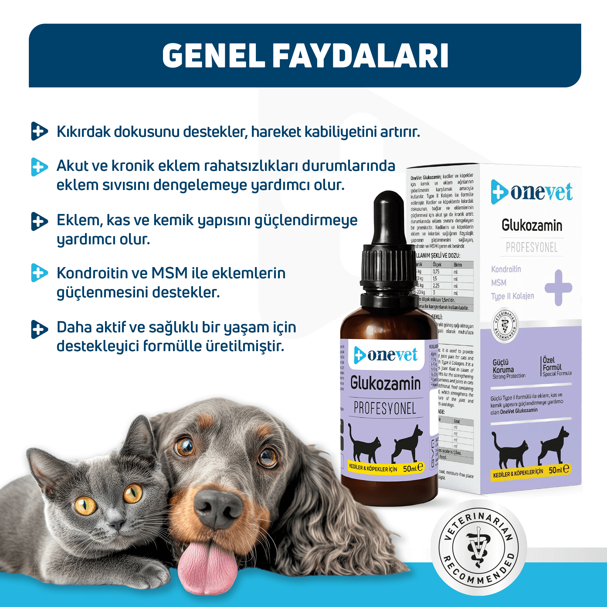 OneVet Glukozamin Kedi ve Köpekler İçin Eklem, Kas ve Kıkırdak Sağlığı Destekleyici Damla