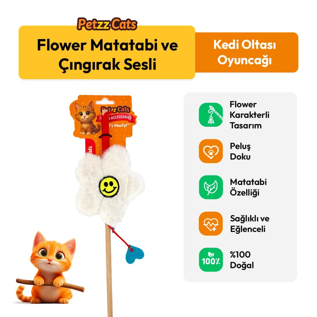 PetzzCats Flower Matatabi ve Çıngırak Sesli Kedi Oltası Oyuncağı