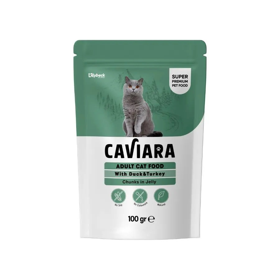 Caviara Pouch Jöle İçinde Et Parçacıklı Ördek ve Hindi Etli Yetişkin Kedi Konservesi