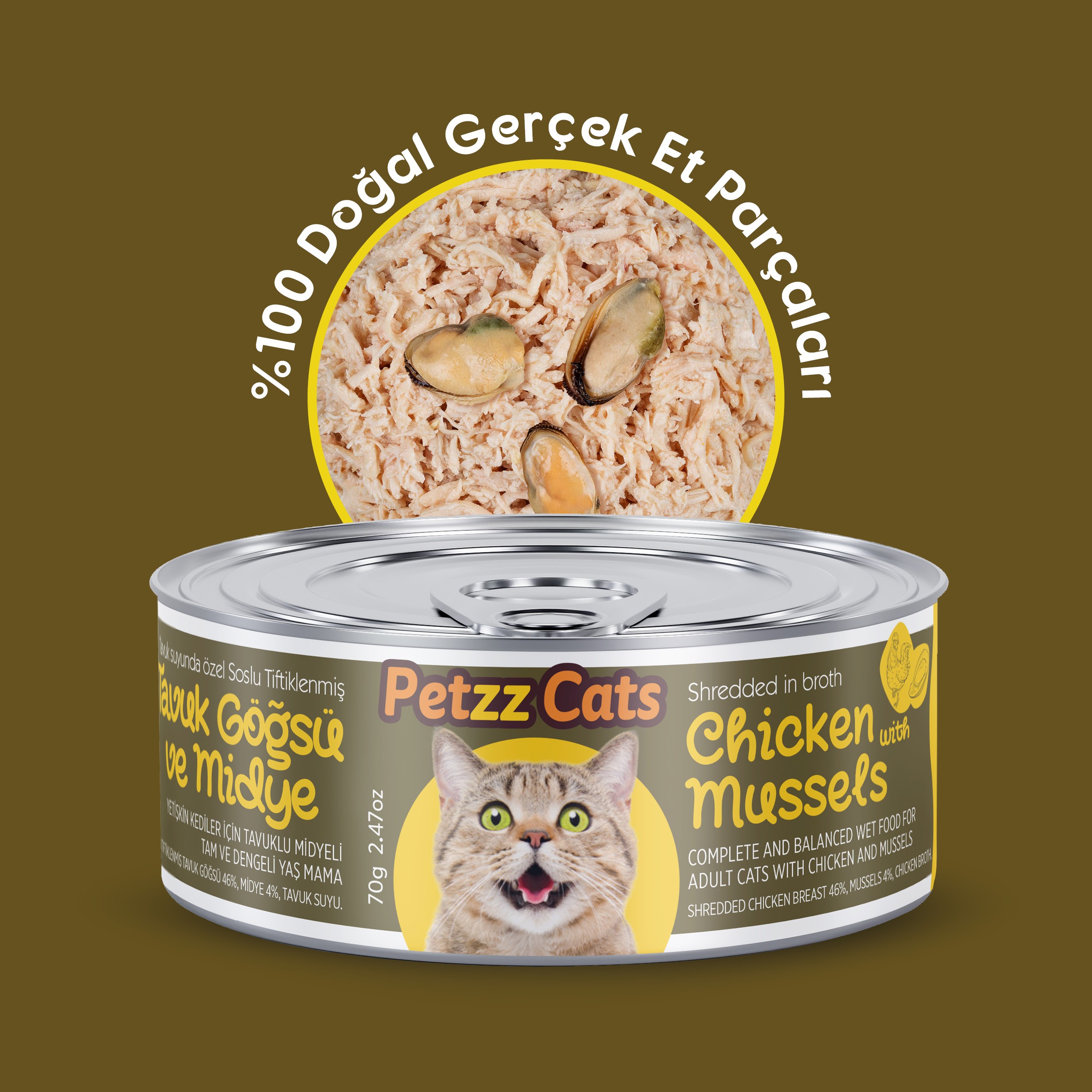 PetzzCats Lezzetli Sos İçinde Tiftiklenmiş Taze Tavuk Etli ve Midyeli Konserve Kedi Maması
