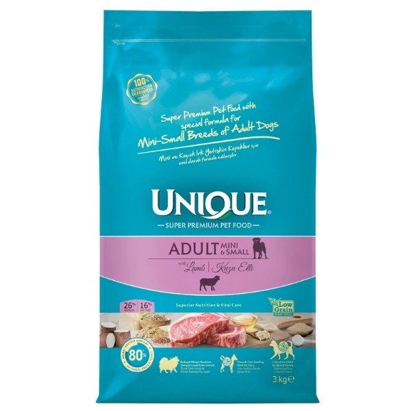 Unique Kuzu Etli Küçük Irk Düşük Tahıllı Yetişkin Köpek Maması - 3 Kg