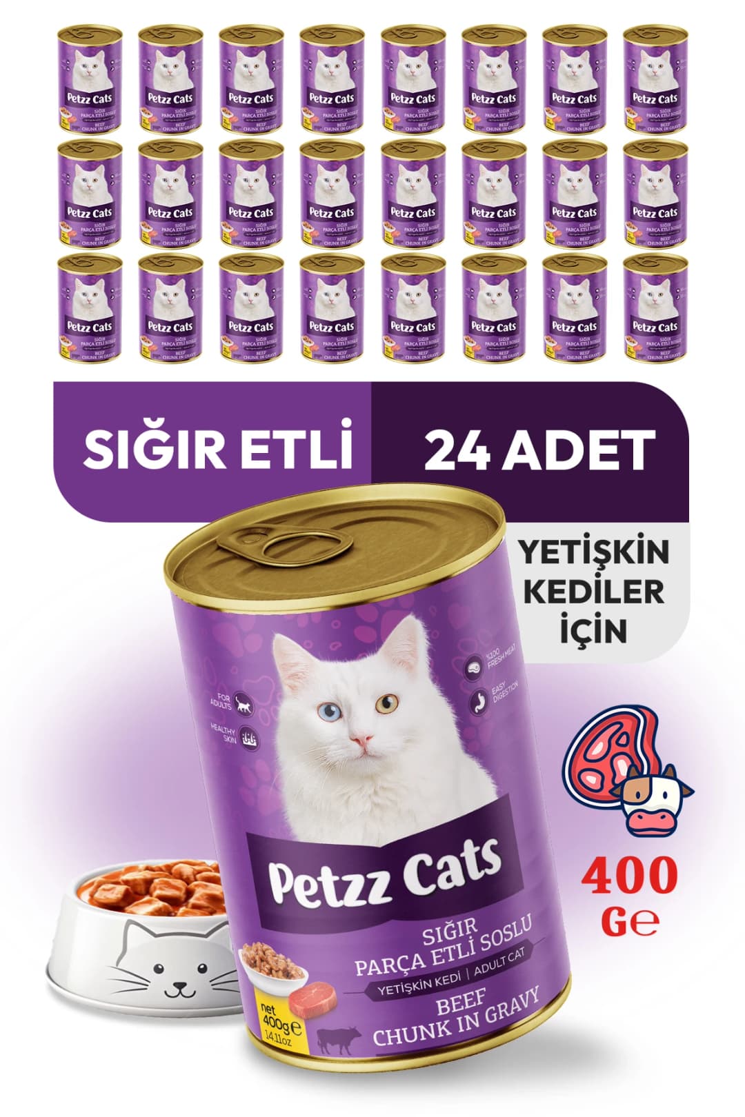 PetzzCats Mama ile Yetişkin Kedilerde Yaygın Sorunlara Etkili Çözüm 6 PetzzCats Sığır Etli Yetişkin Kedi Konservesi
