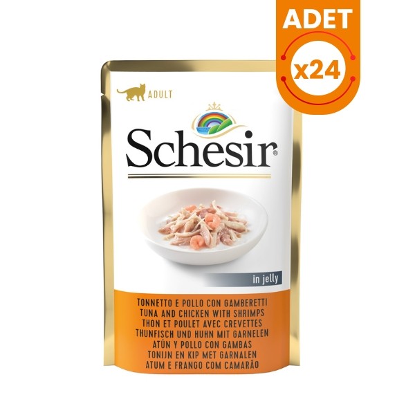 Schesir Jöleli Pouch Ton Balıklı Tavuklu ve Karidesli Yetişkin Konserve Kedi Maması