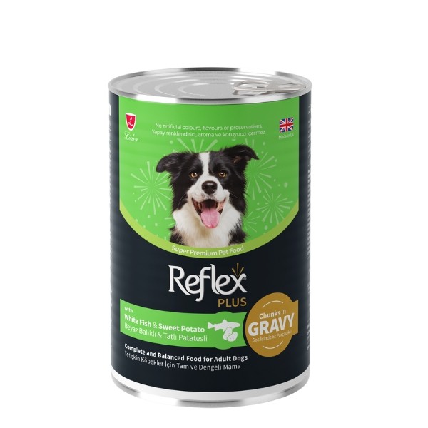 Reflex Plus Sos İçinde Beyaz Balıklı ve Tatlı Patatesli Yetişkin Konserve Köpek Maması