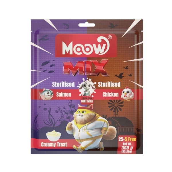 Moow Karışık Somonlu ve Tavuklu Keçi Sütlü Kısırlaştırılmış Sıvı Kedi Ödül Maması