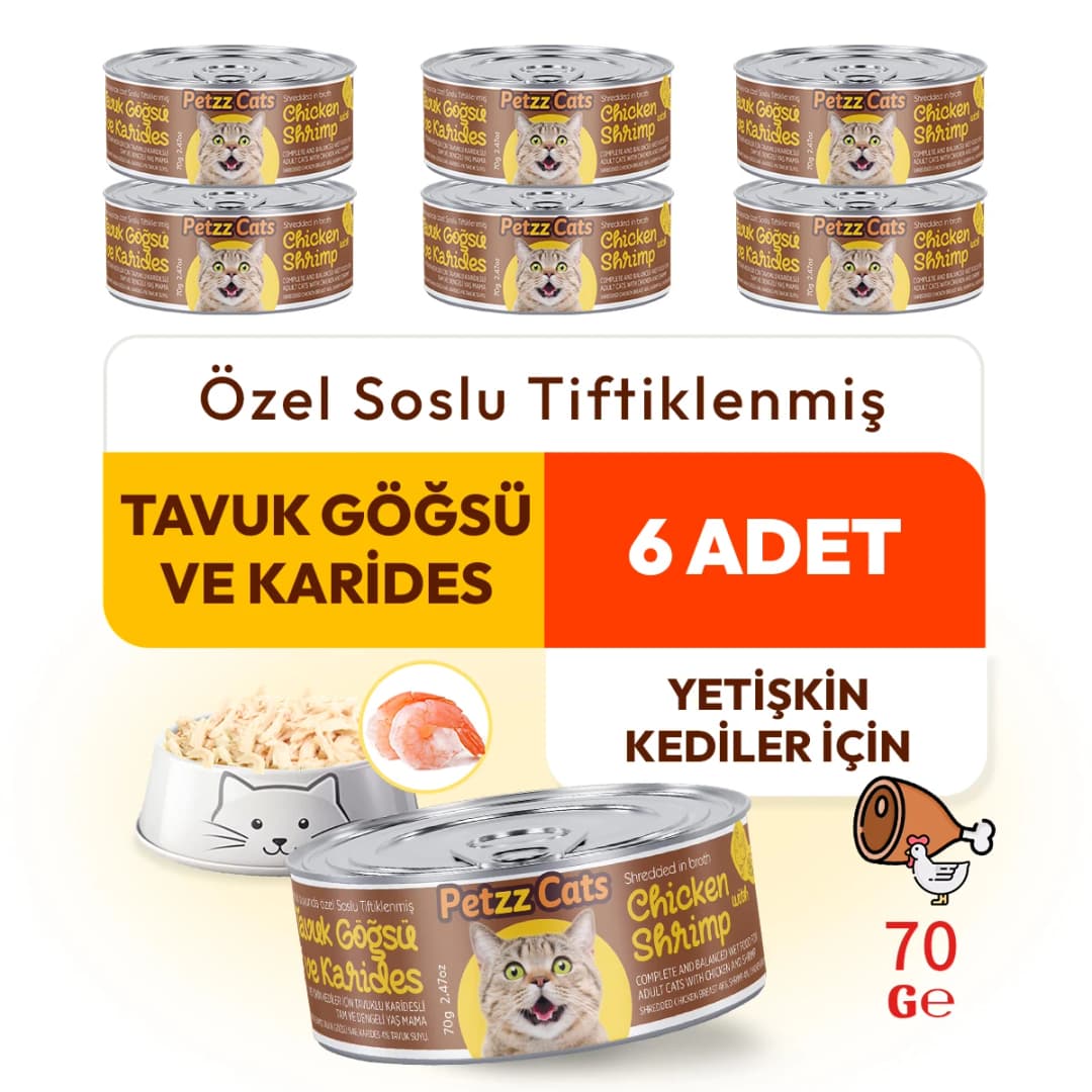 PetzzCats Mama ile Yetişkin Kedilerde Yaygın Sorunlara Etkili Çözüm 7 PetzzCats Tavuk & Karides Konserve Kedi Maması