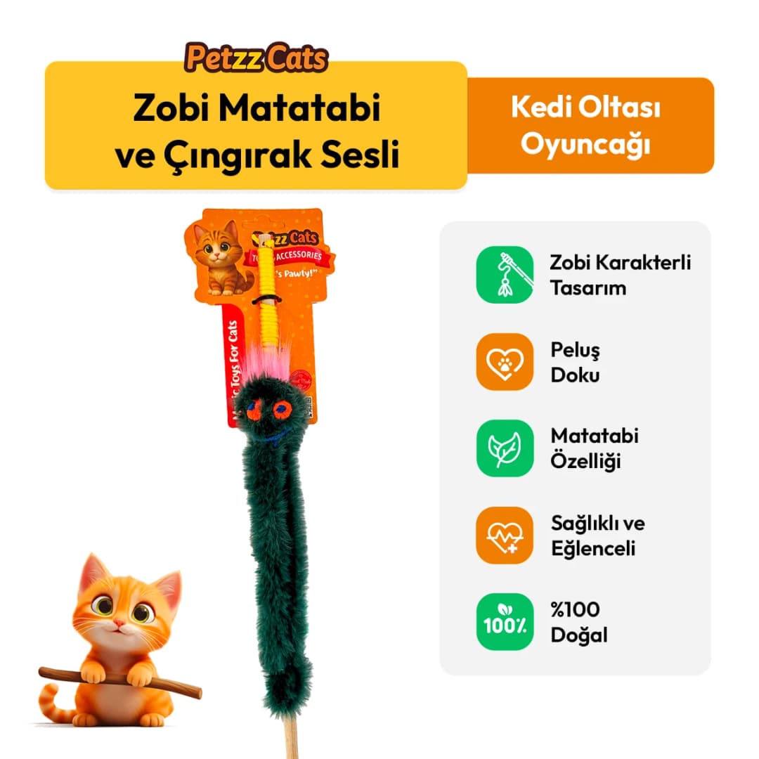 PetzzCats Zobi Matatabi ve Çıngırak Sesli Kedi Oltası Oyuncağı