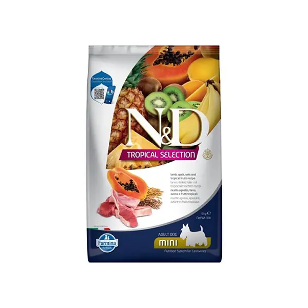 N&D Tropical Selection Kuzu Etli ve Tropical Meyveli Mini Irk Yetişkin Köpek Maması {'id': '76d61bcb-b01d-4a34-93b3-d099f984b502', 'name': '5 Kg', 'colorCode': '', 'thumbnailImageId': '', 'variantTypeId': '441e88da-dca6-4a8d-87d4-d09e059ec0d0'}