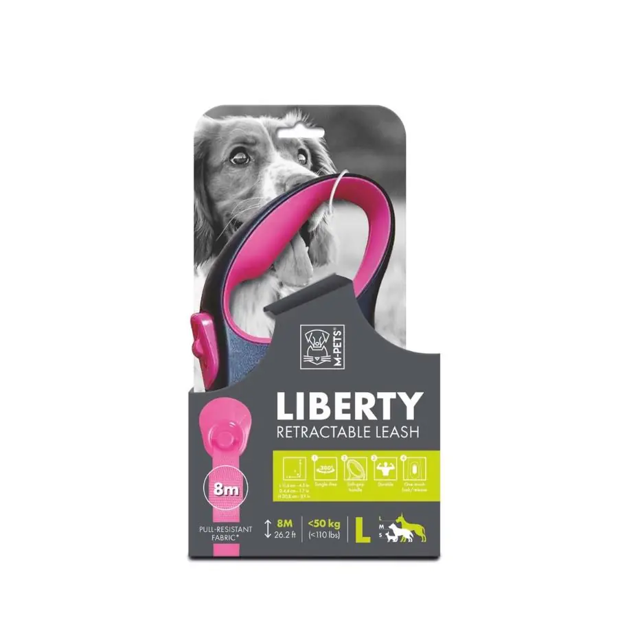 M-Pets Liberty Pembe Otomatik Şerit Köpek Gezdirme Tasması