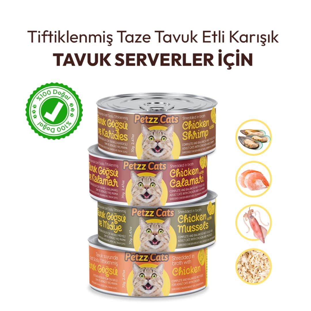 PetzzCats Mama ile Kedi İdrar Yolu Sorunlarına Pratik Çözümler 2 PetzzCats Lezzetli Sos İçinde Tiftiklenmiş Taze Tavuk Etli Karışık Konserve Kedi Maması