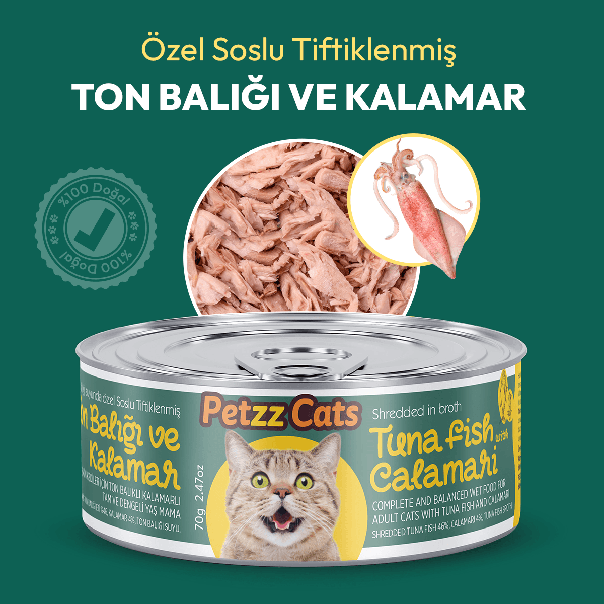 PetzzCats Lezzetli Sos İçinde Taze Fileto Ton Balıklı ve Kalamarlı Konserve Kedi Maması