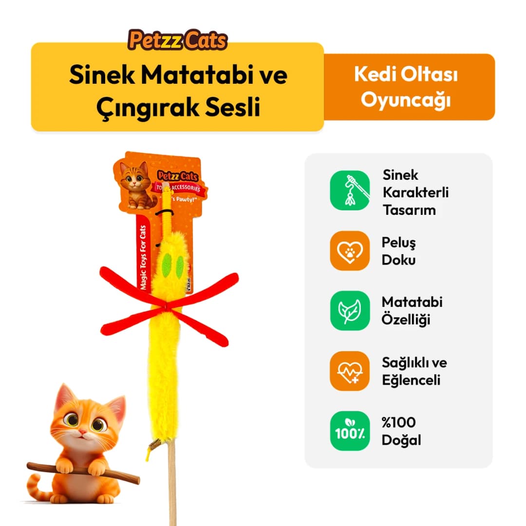 PetzzCats Sinek Matatabi ve Çıngırak Sesli Kedi Oltası Oyuncağı