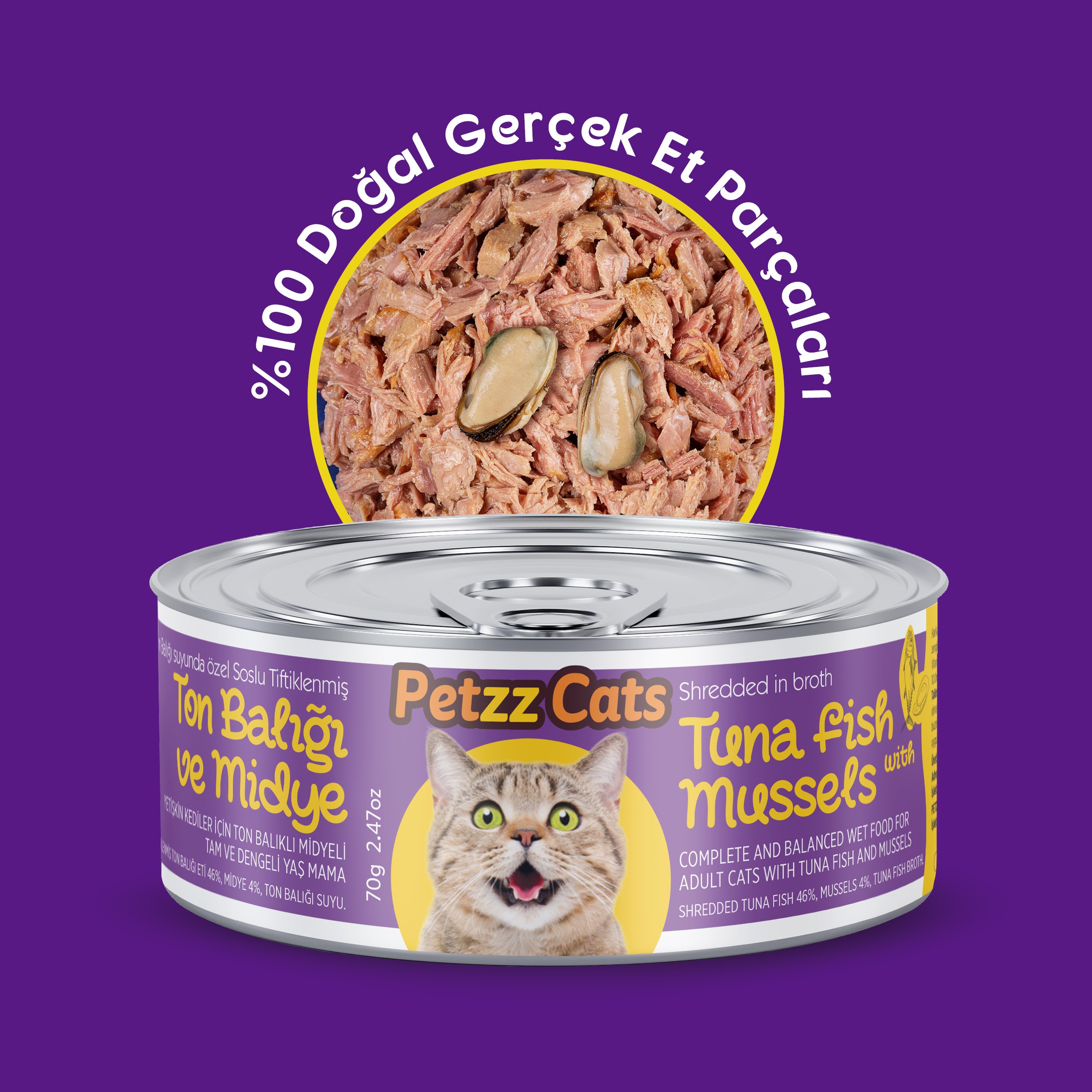 PetzzCats Lezzetli Sos İçinde Taze Fileto Ton Balıklı ve Midyeli Konserve Kedi Maması