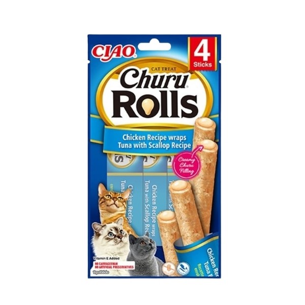 Inaba Ciao Churu Rolls Sticks Tavuk Sargılı Deniz Taraklı ve Ton Balıklı Kedi Ödül Maması