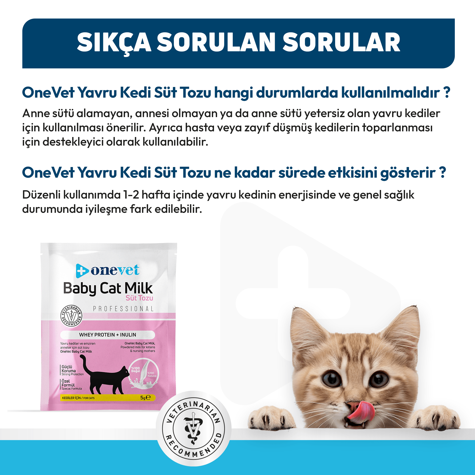OneVet Baby Cat Milk Sindirim ve Büyüme Destekleyici Yavru ve Anne Kedi Süt Tozu
