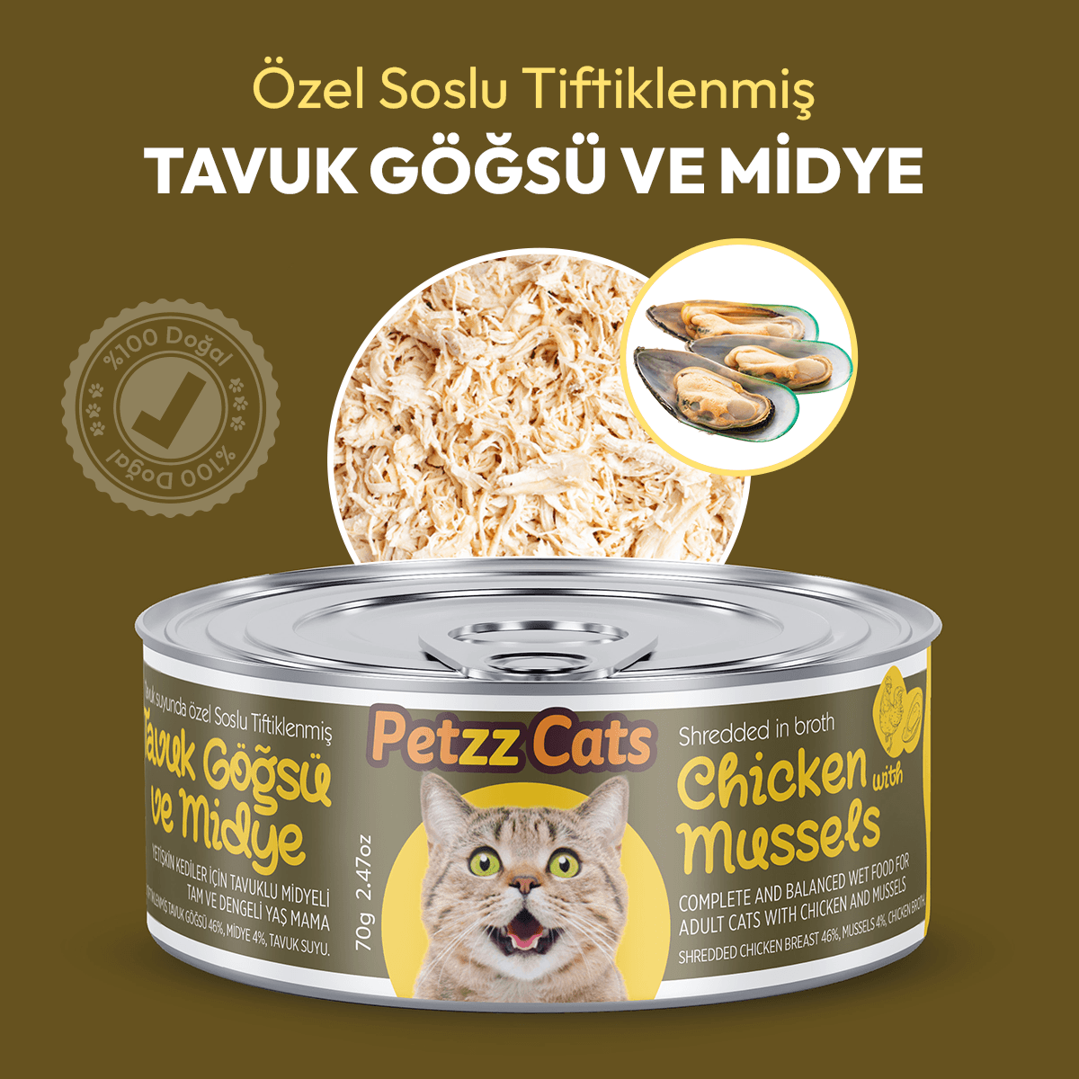 PetzzCats Lezzetli Sos İçinde Tiftiklenmiş Taze Tavuk Etli ve Midyeli Konserve Kedi Maması