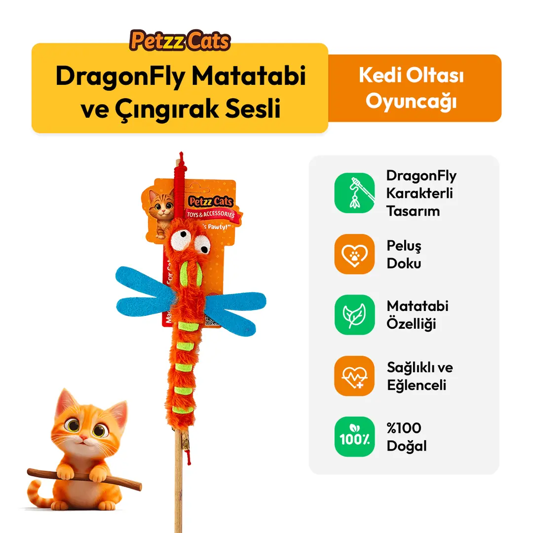 PetzzCats DragonFly Matatabi ve Çıngırak Sesli Kedi Oltası Oyuncağı