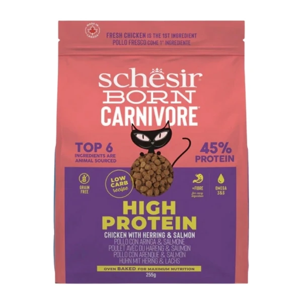 Schesir Born Carnivore Tavuklu Somonlu ve Ringa Balıklı Yetişkin Kedi Maması - 255 Gr