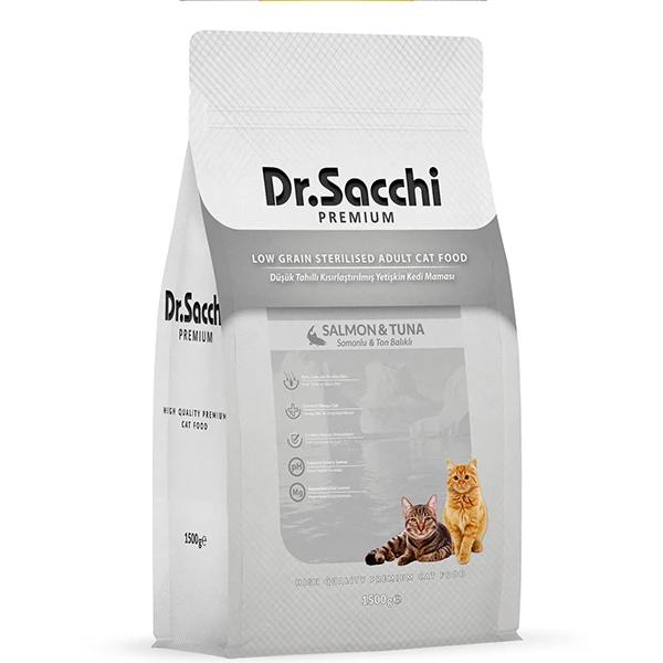 Dr.Sacchi Premium Düşük Tahıllı Somonlu ve Ton Balıklı Kısırlaştırılmış Kedi Maması - 1.5 Kg