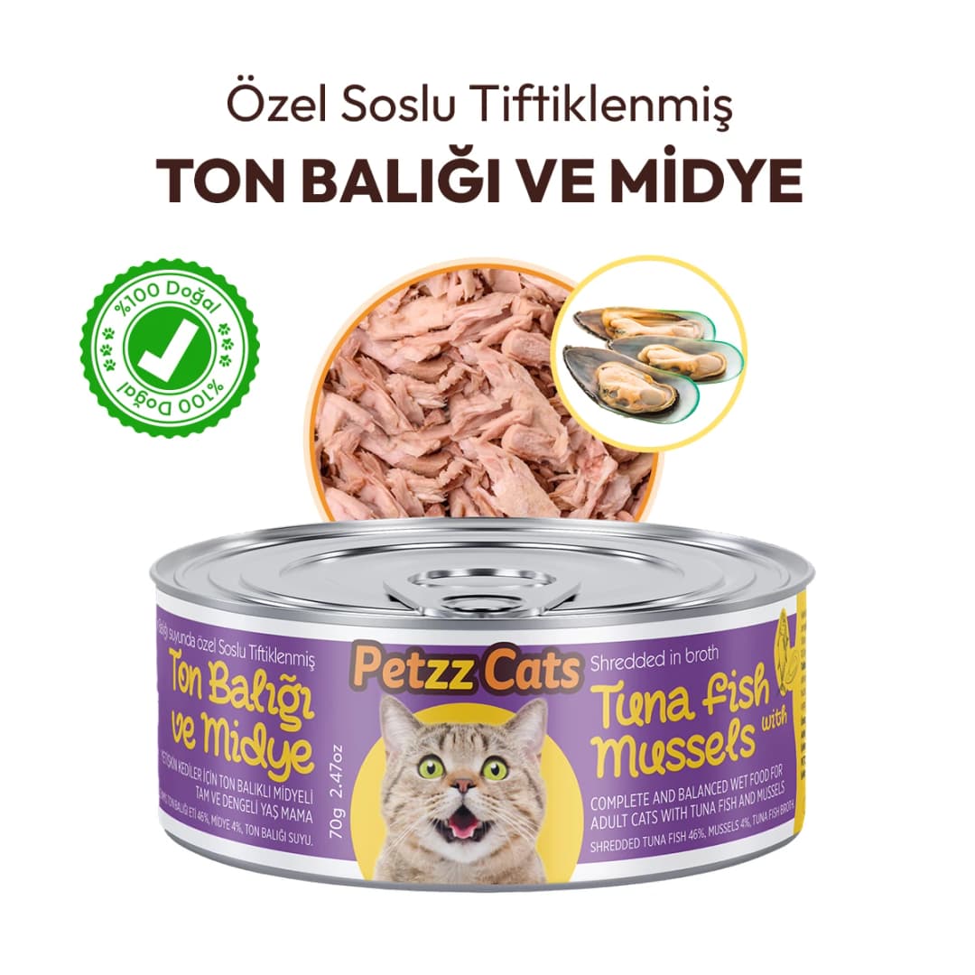 PetzzCats Lezzetli Sos İçinde Taze Fileto Ton Balıklı ve Midyeli Konserve Kedi Maması