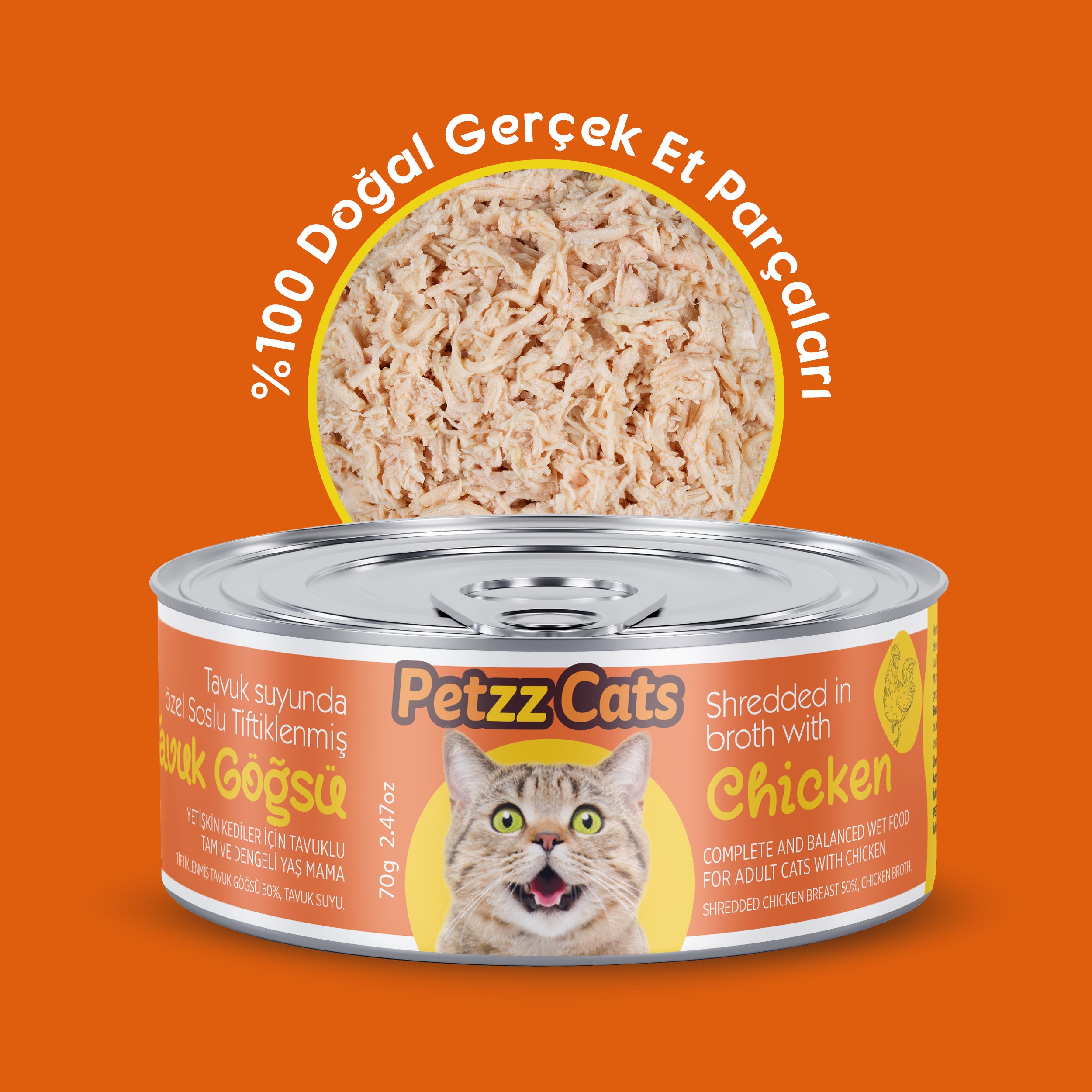 PetzzCats Lezzetli Sos İçinde Tiftiklenmiş Taze Tavuk Etli Konserve Kedi Maması