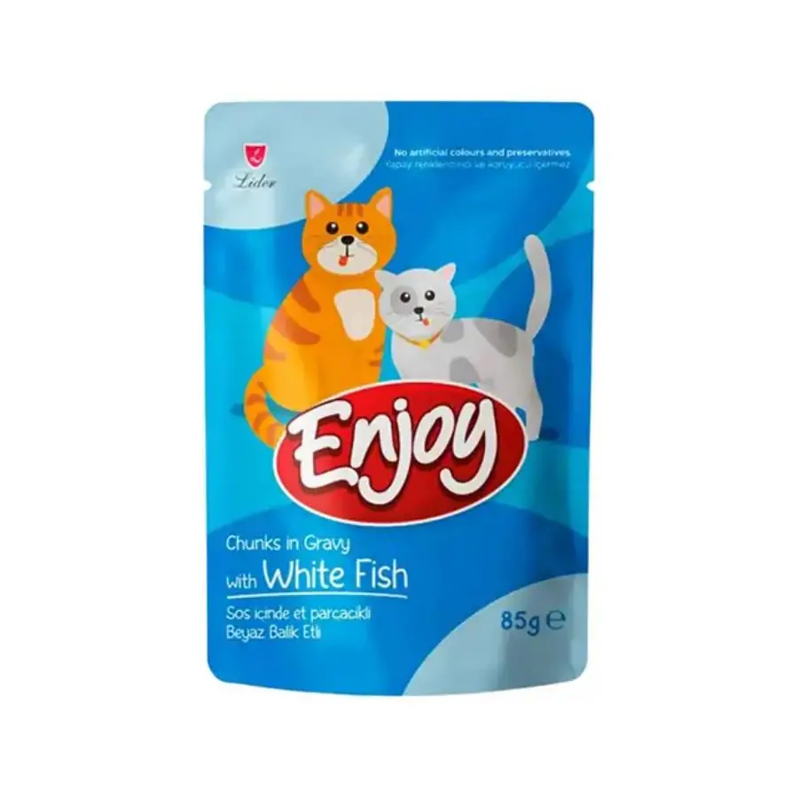 Enjoy Pouch Sos İçinde Et Parçacıklı Beyaz Balıklı Yetişkin Kedi Konservesi