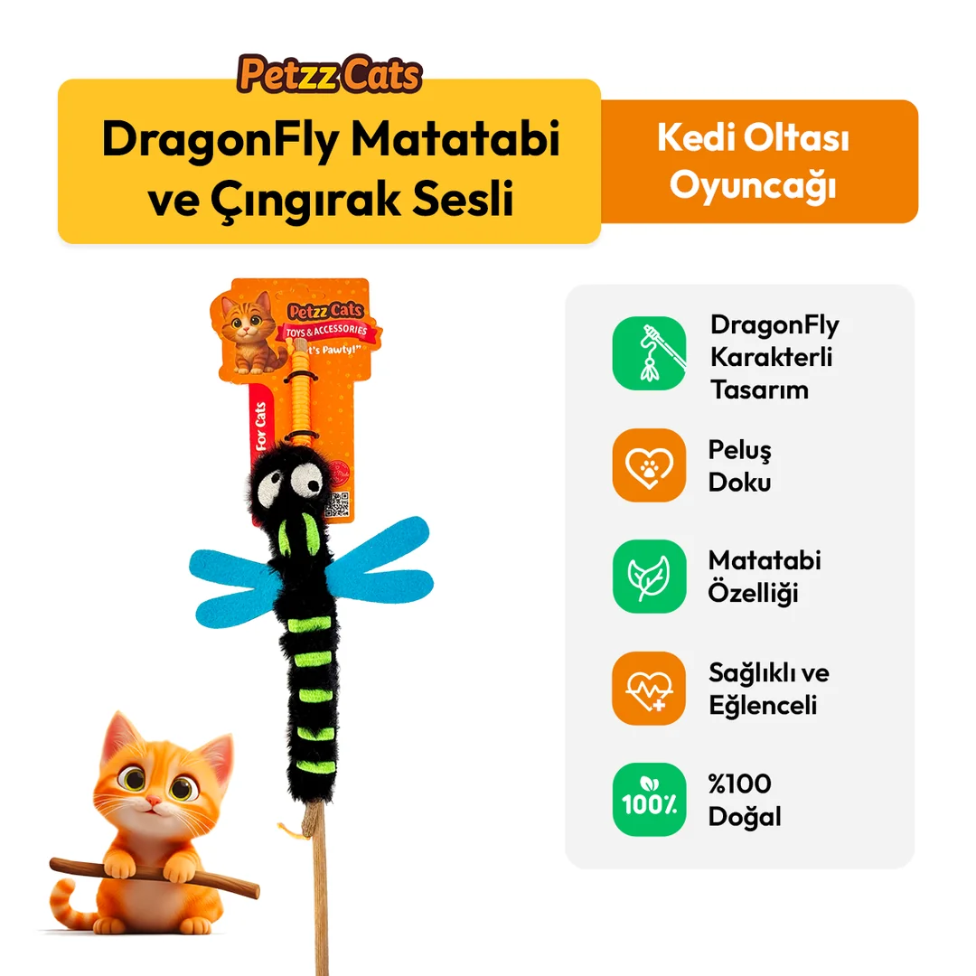 PetzzCats DragonFly Matatabi ve Çıngırak Sesli Kedi Oltası Oyuncağı