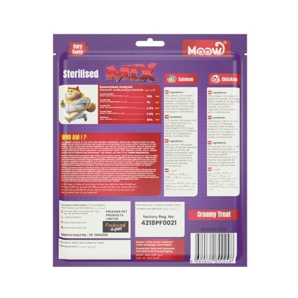 Moow Karışık Somonlu ve Tavuklu Keçi Sütlü Kısırlaştırılmış Sıvı Kedi Ödül Maması
