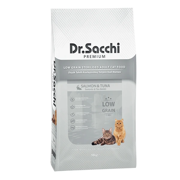 Dr.Sacchi Premium Düşük Tahıllı Somonlu ve Ton Balıklı Kısırlaştırılmış Kedi Maması - 10 Kg