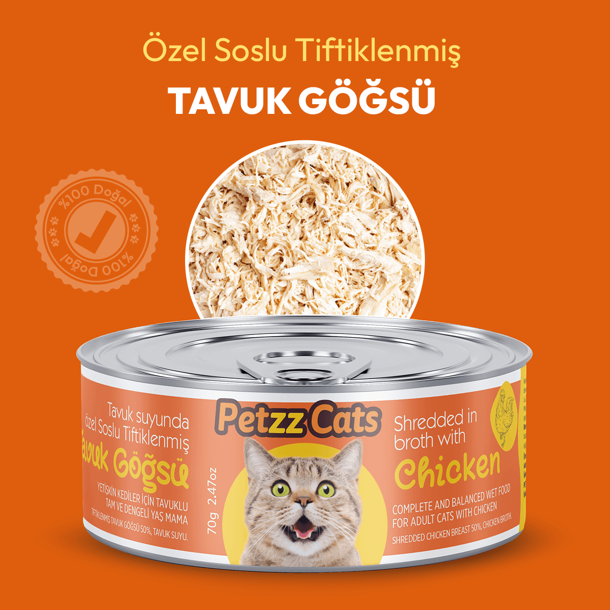 PetzzCats Lezzetli Sos İçinde Tiftiklenmiş Taze Tavuk Etli Konserve Kedi Maması