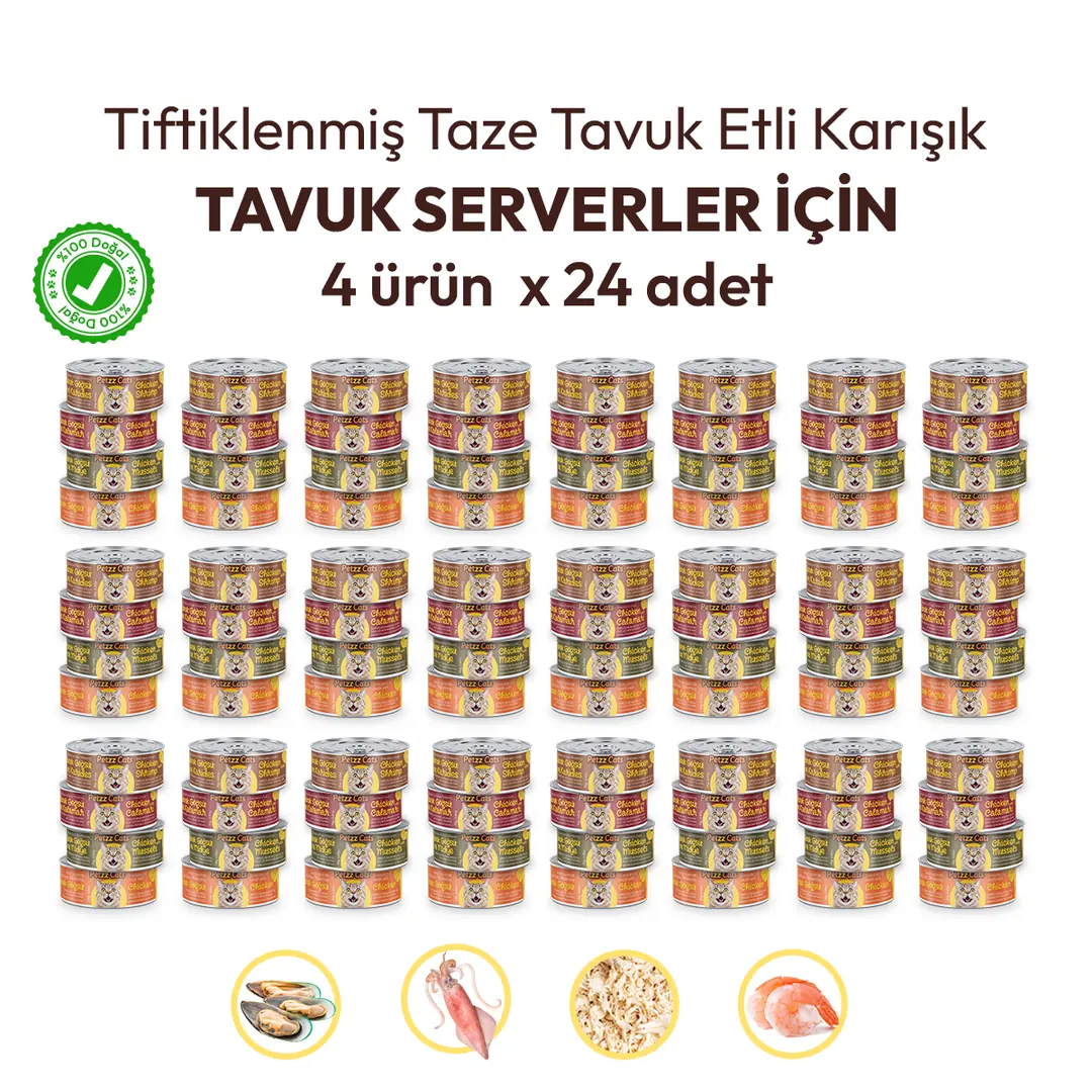 PetzzCats Mama ile Yetişkin Kedilerde Yaygın Sorunlara Etkili Çözüm 2 PetzzCats Lezzetli Sos İçinde Tiftiklenmiş Taze Tavuk Etli Karışık Konserve Kedi Maması