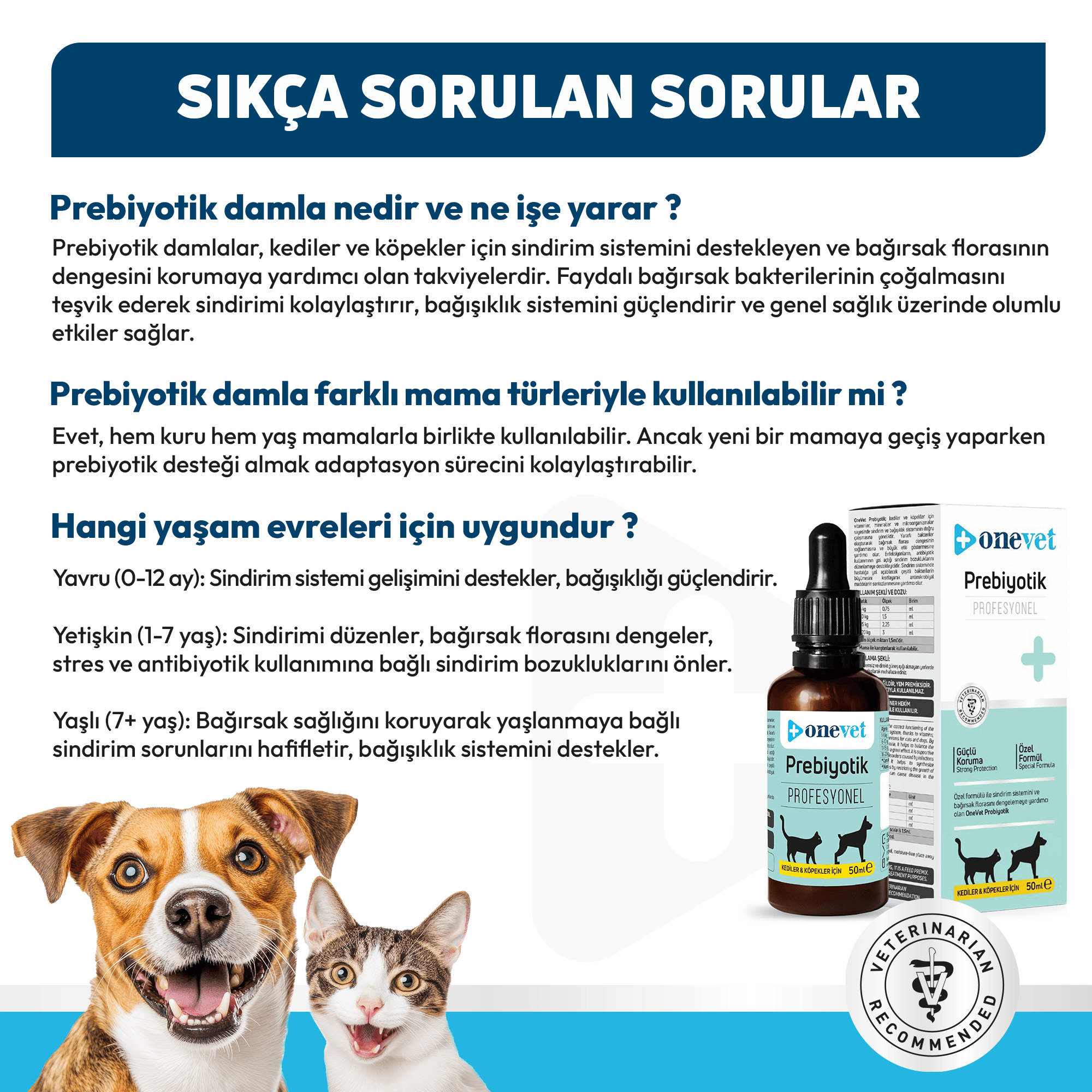 OneVet Prebiotik Kedi ve Köpekler İçin Sindirim Sistemi Destekleyici Damla