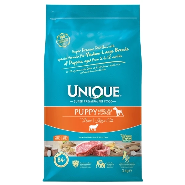 Unique Kuzu Etli Orta ve Büyük Irk Düşük Tahıllı Yavru Köpek Maması - 3 Kg