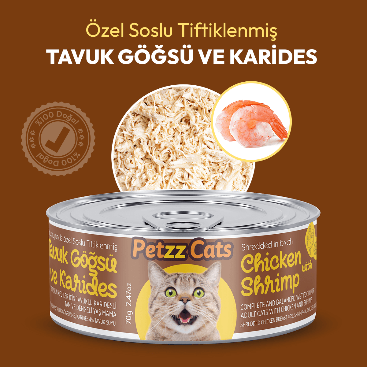 PetzzCats Lezzetli Sos İçinde Tiftiklenmiş Taze Tavuk Etli ve Karidesli Konserve Kedi Maması