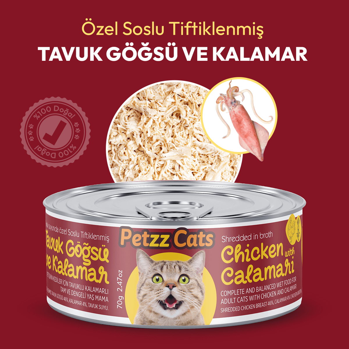 PetzzCats Lezzetli Sos İçinde Tiftiklenmiş Taze Tavuk Etli ve Kalamarlı Konserve Kedi Maması